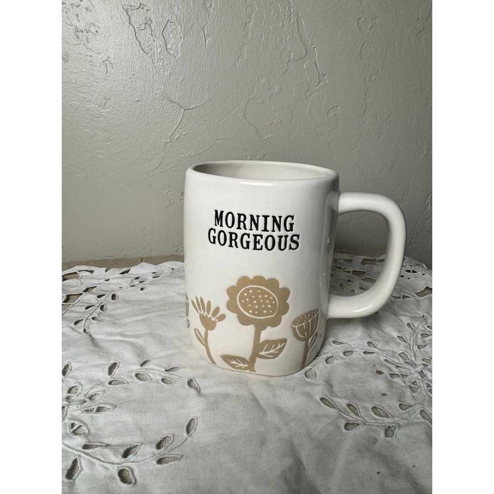 Rae Dunn "Morning Gorgeous" mug brown flowers